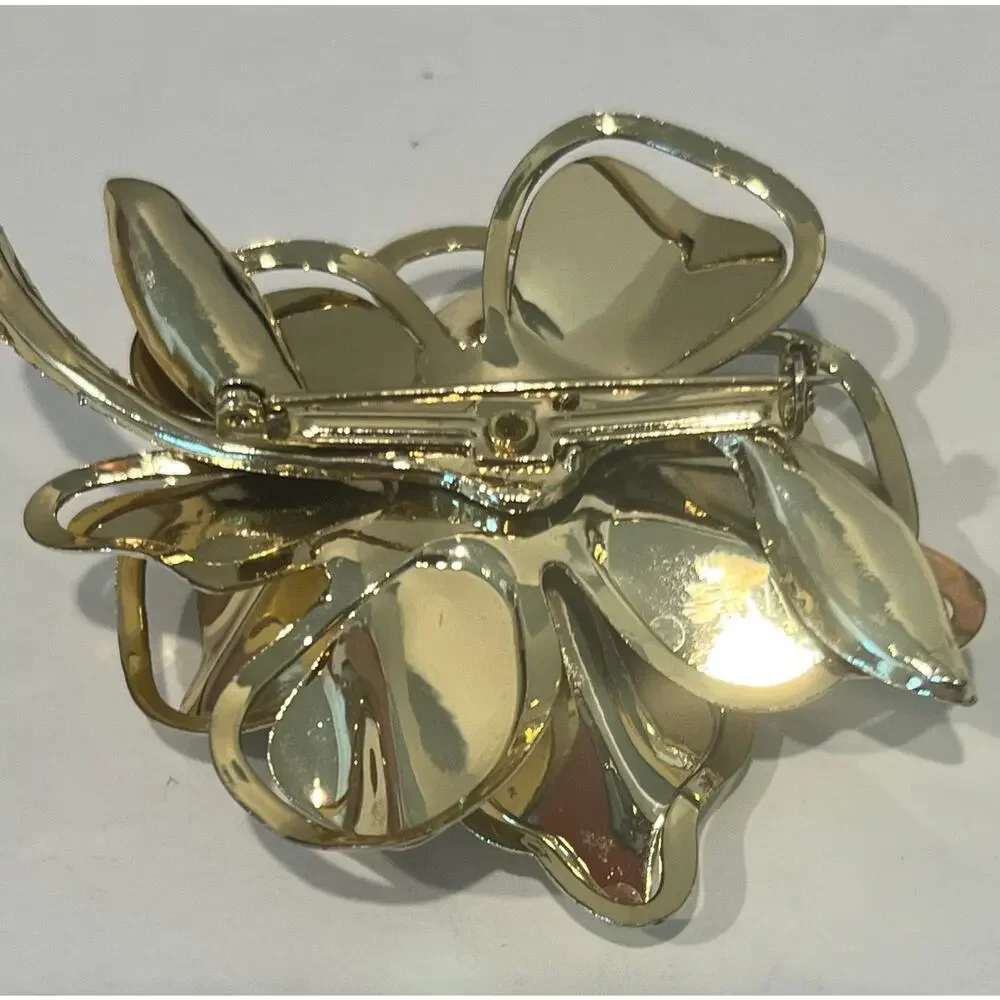 Matte Gold Tone 3D Flower With Iridescent AB Rhinestone‎ Center Stone Brooch Pin